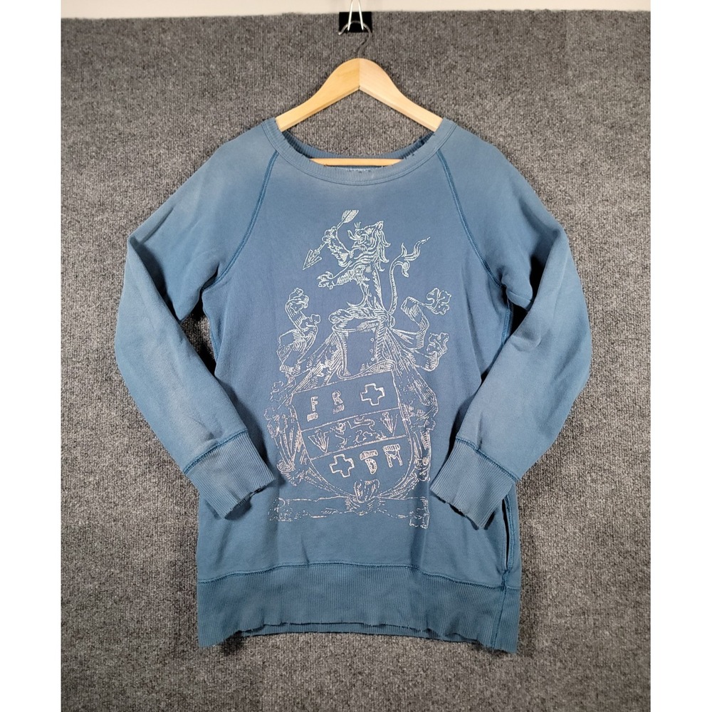 VTG Free People Blue Printed Lion Womens Small Sweater Tunic Grunge Fairy Y2K
